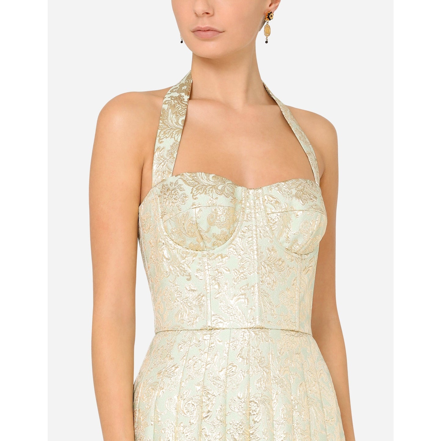 NWT DOLCE & GABBANA Gold Bustier Midi Pleated Dress Lame Jacquard  40 S