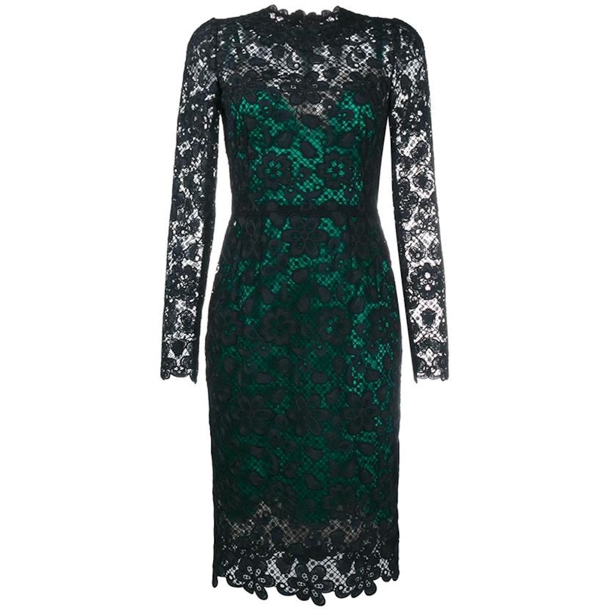 Dolce & Gabbana Black Green Long-Sleeve Lace Dress Contrast Slip