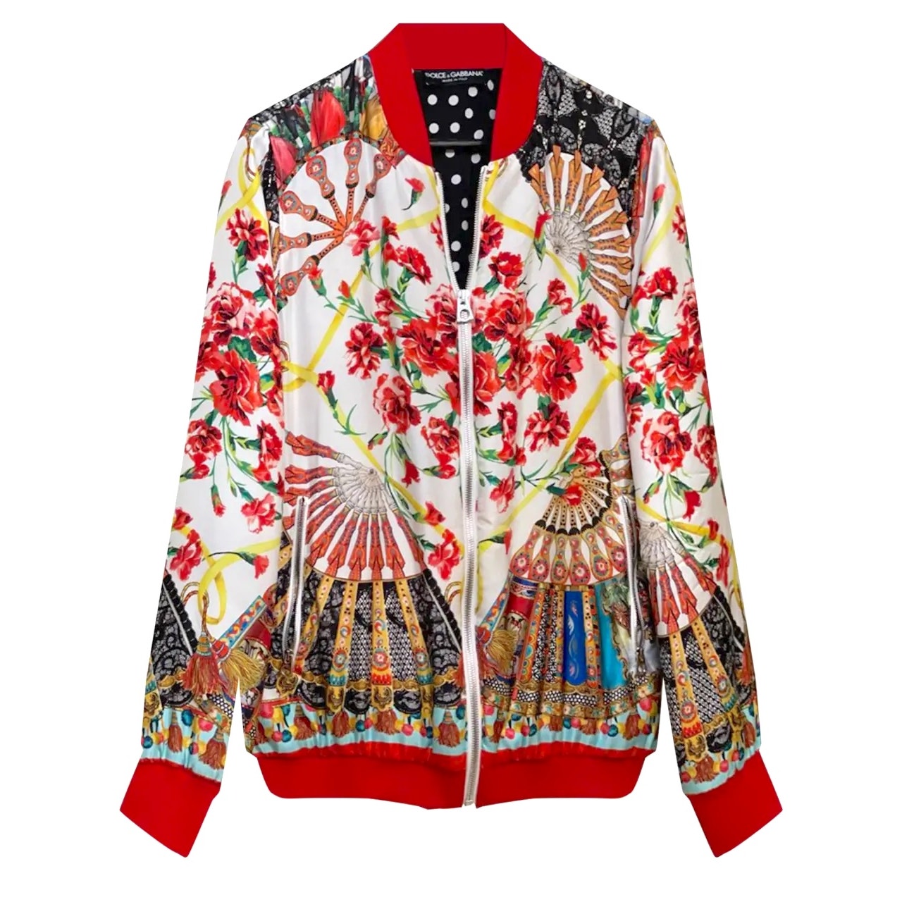NWT Dolce & Gabbana Cream Red Printed Silk Bomber Jacket Multi IT 38 US XS