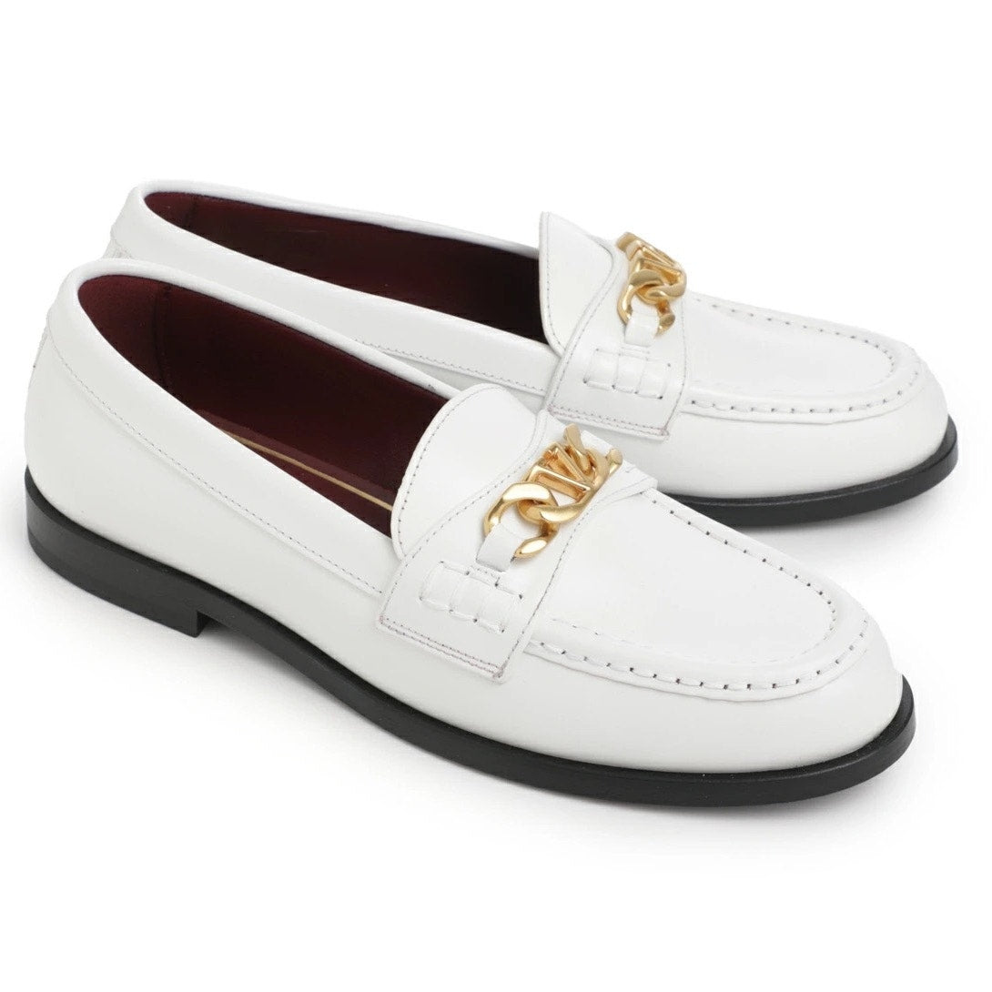 NIB Valentino Garavani  vlogo chain Leather Loafers White Gold 38.5