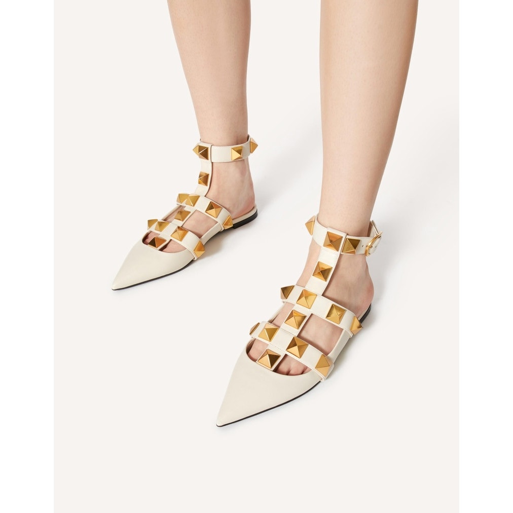 Valentino Garavani Lilac Roman Stud Flat Leather Ankle Strap Gold 35.5