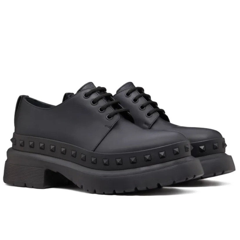 Valentino Garavani Black M-Way Rockstud leather Derby shoes