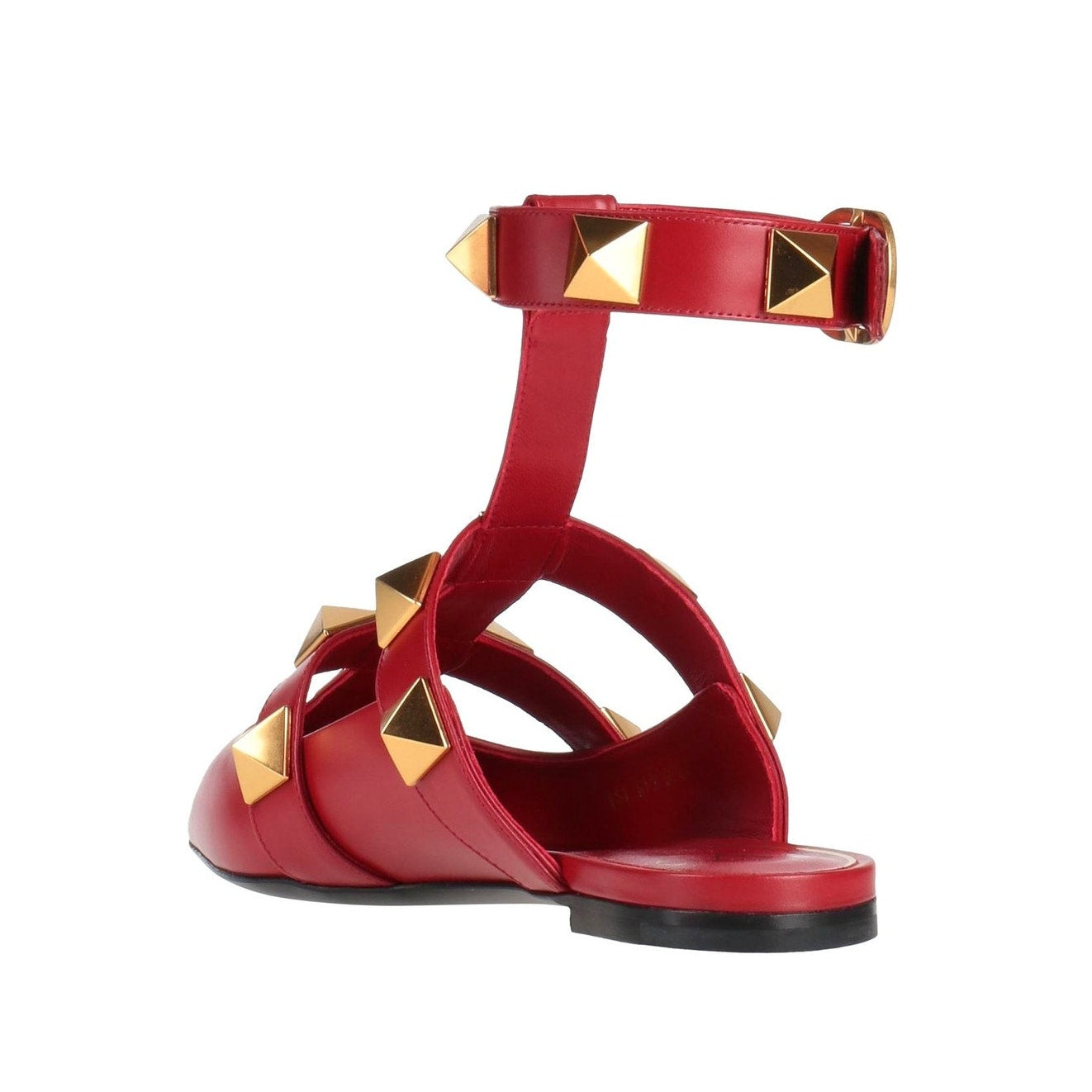 Valentino Garavani Red Roman Stud Flat Leather Ankle Strap Gold 35