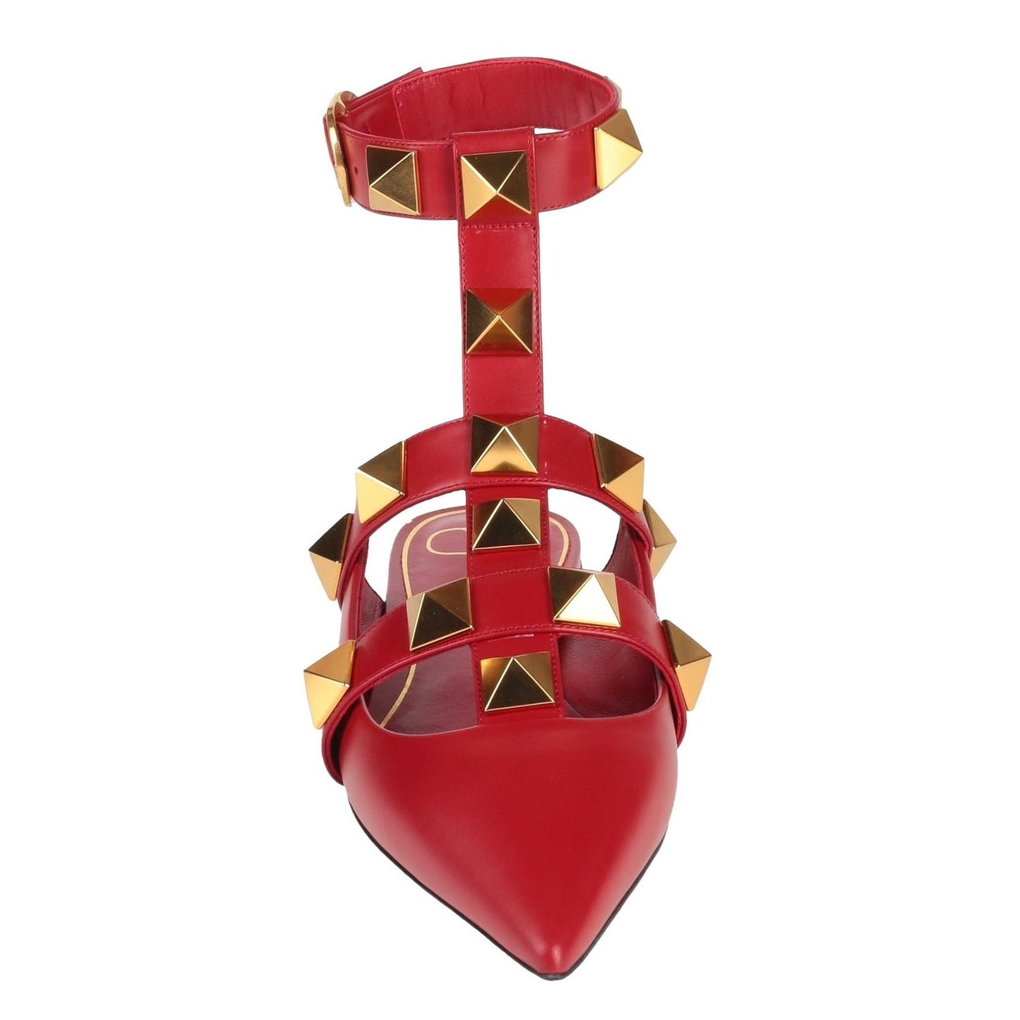 Valentino Garavani Red Roman Stud Flat Leather Ankle Strap Gold 35