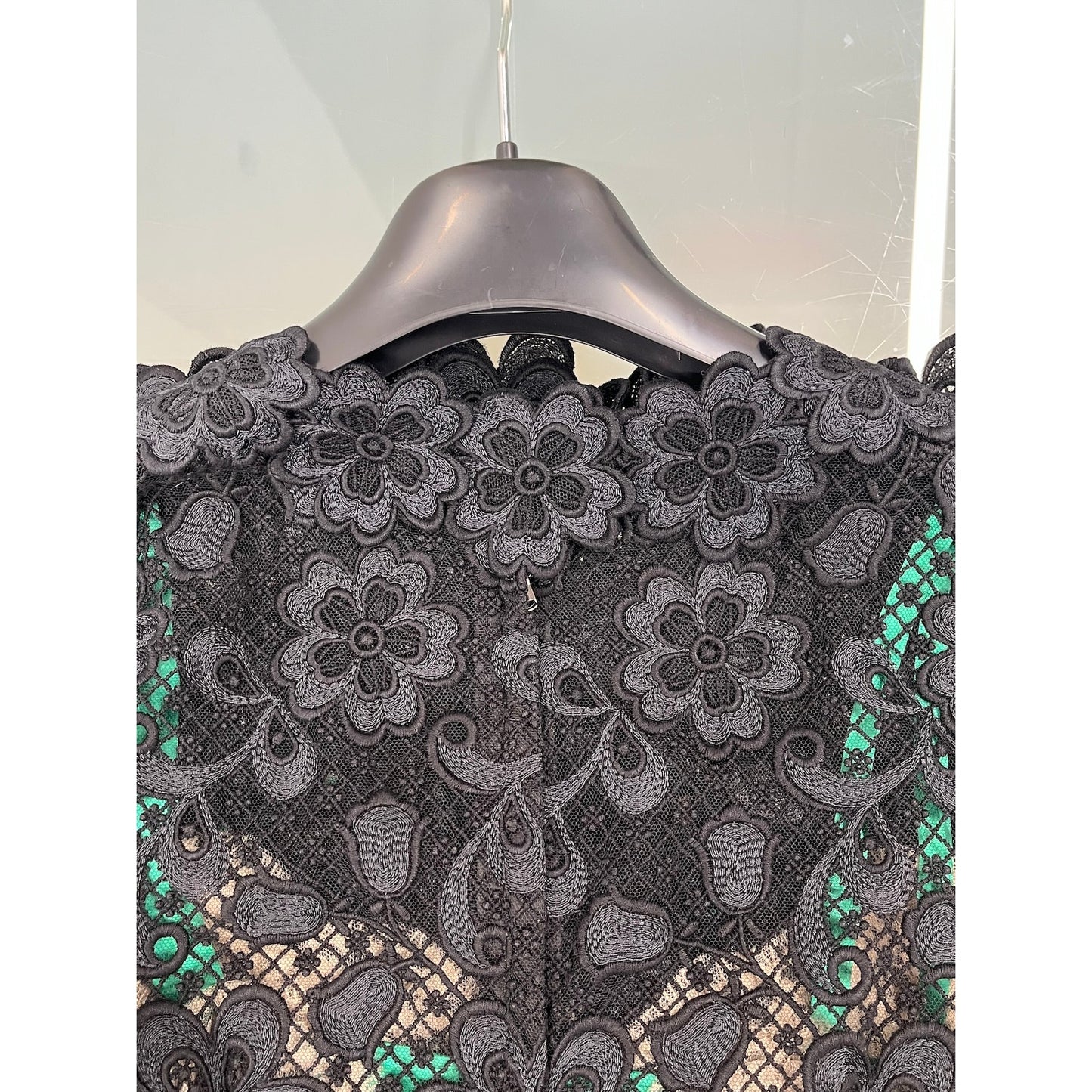 Dolce & Gabbana Black Green Long-Sleeve Lace Dress Contrast Slip
