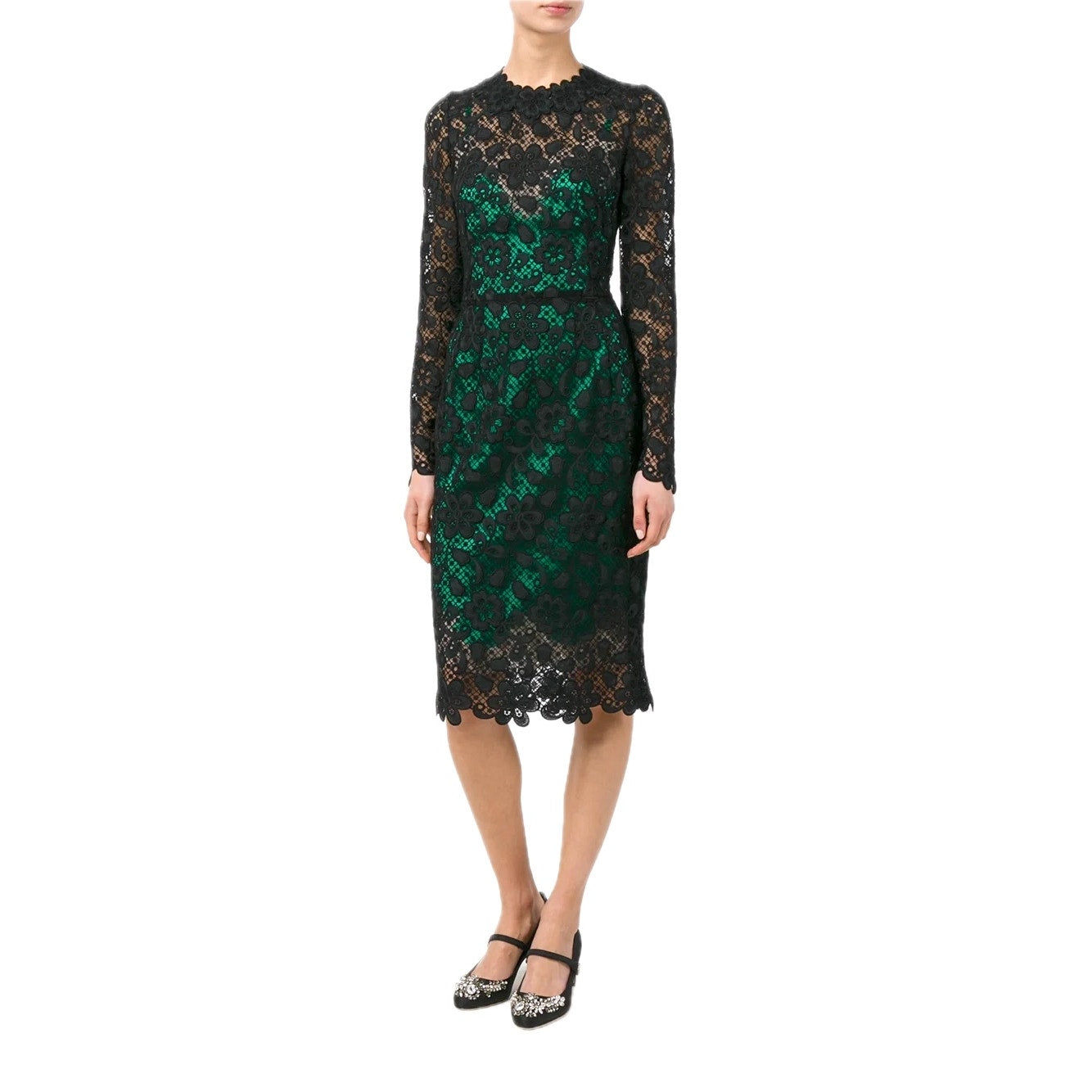 Dolce & Gabbana Black Green Long-Sleeve Lace Dress Contrast Slip