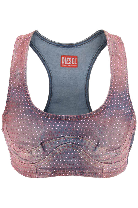 Diesel De-Toppy-Fsd Denim Cropped Top With Rhinestones