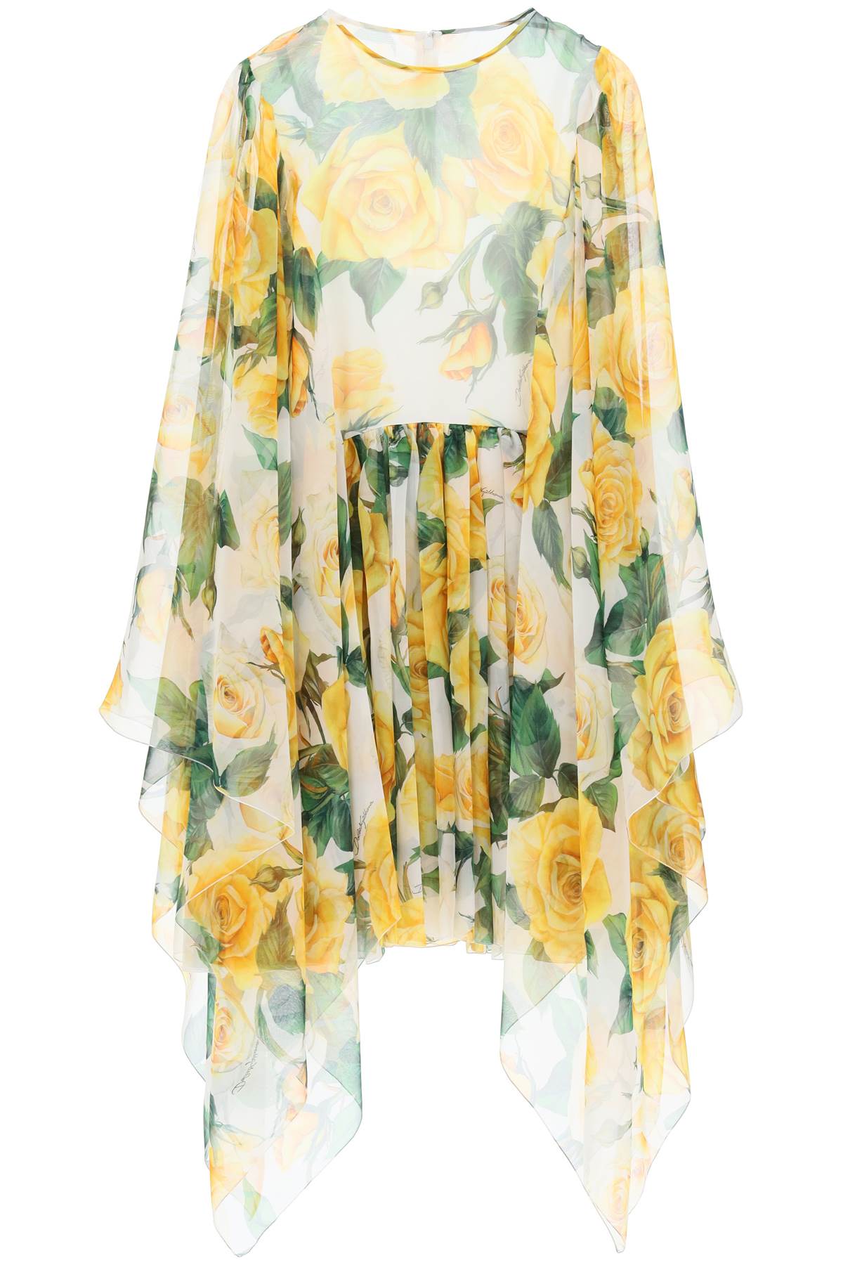 Dolce & Gabbana Short Silk Chiffon Dress With Yellow Rose Print