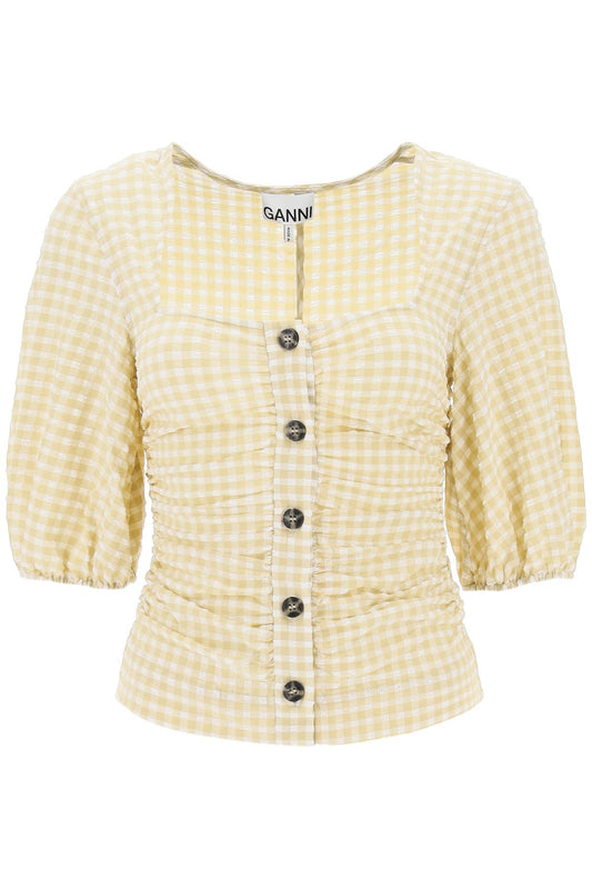 Ganni Gathered Blouse With Gingham Motif