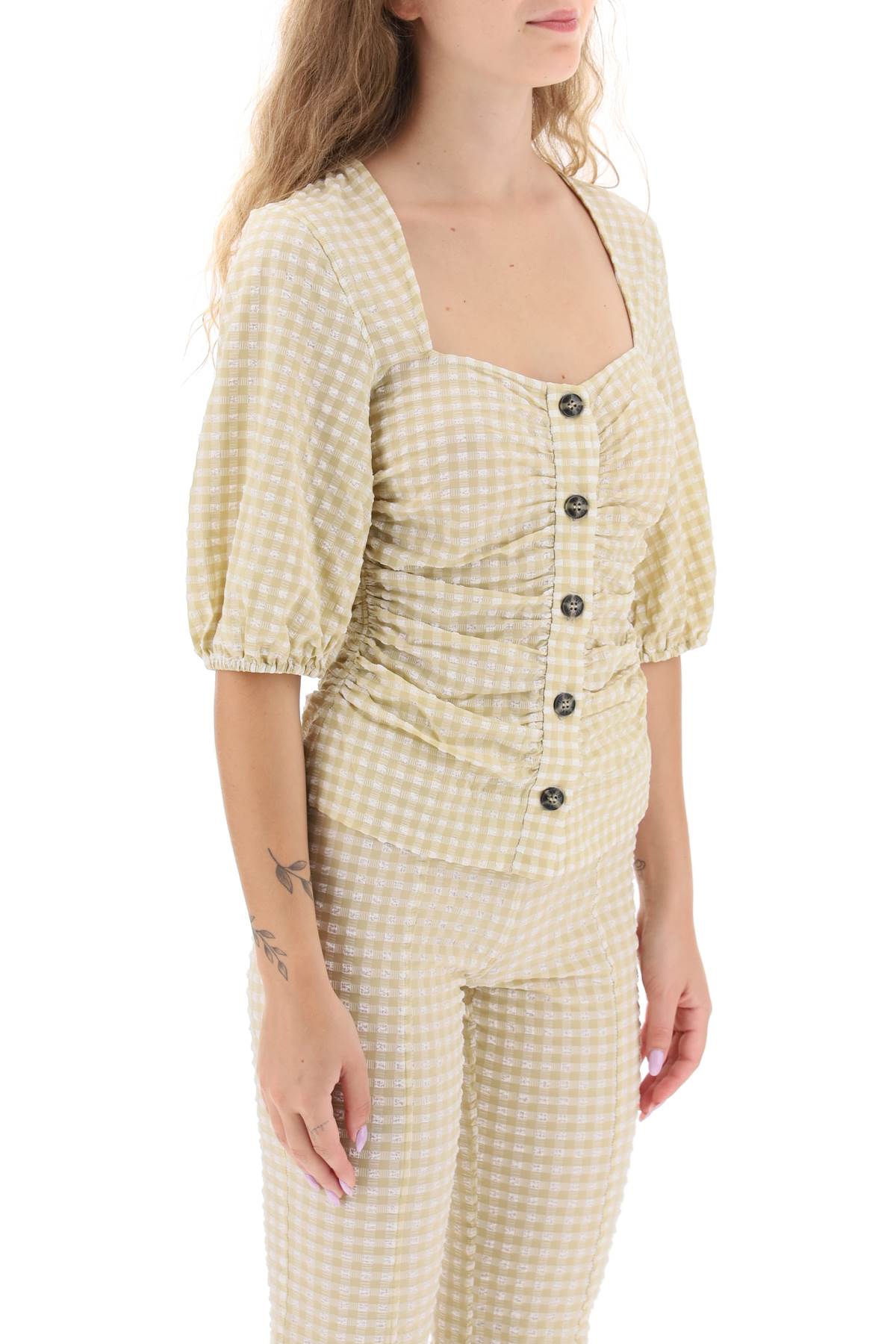 Ganni Gathered Blouse With Gingham Motif