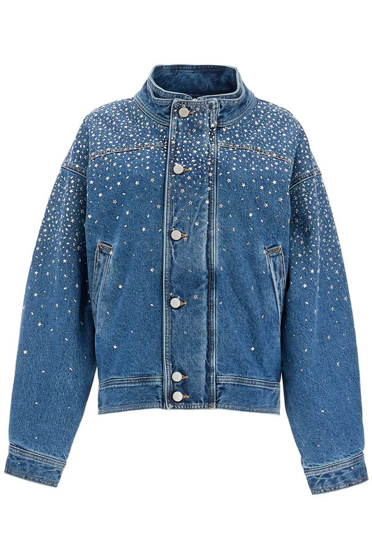 Alessandra Rich Denim Bomber Jacket With Rhin