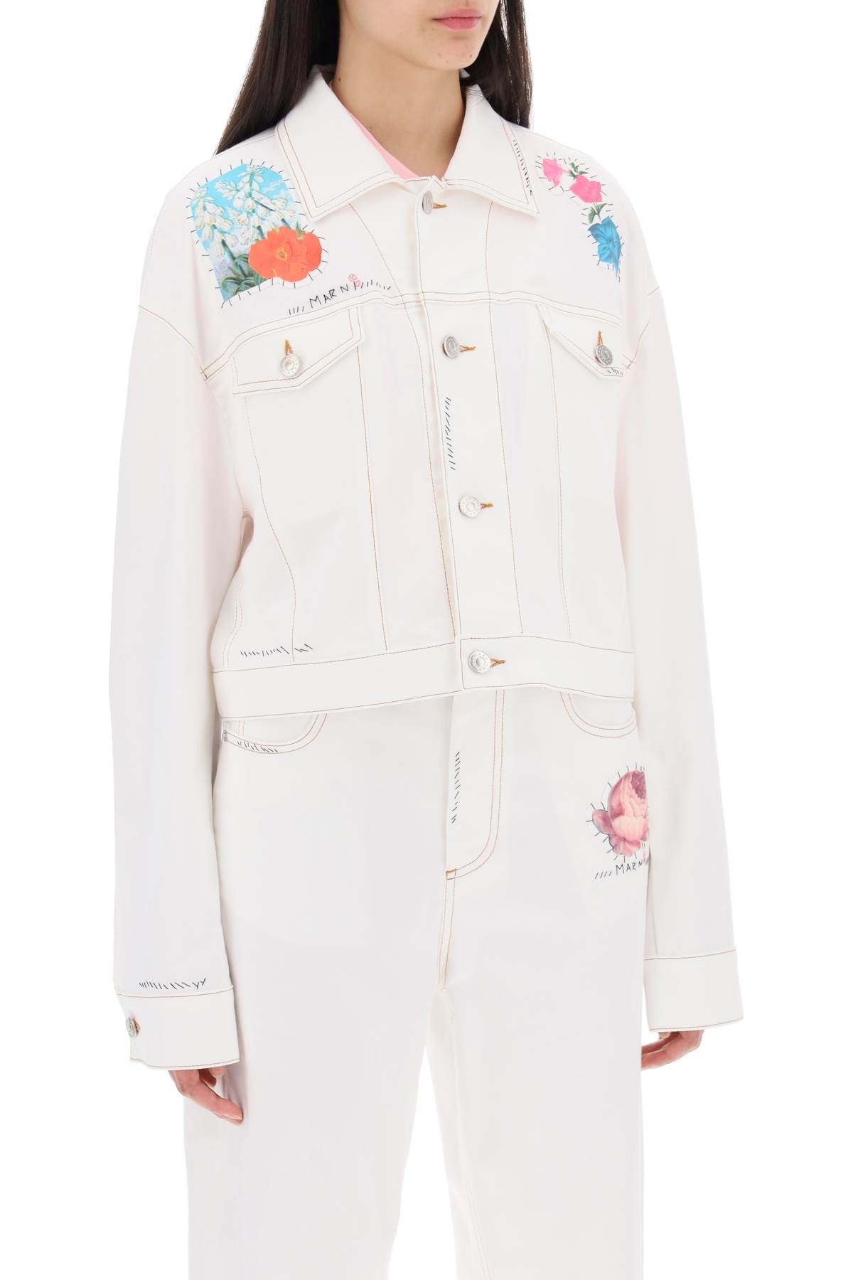 Marni Cropped Denim Jacket With Flower Patches And Embroidery