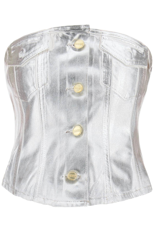 Ganni Bustier Top In Foil Denim