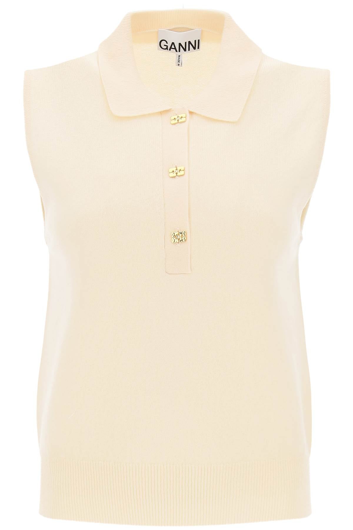 Ganni Sleeveless Polo Shirt In Wool And Cashmere