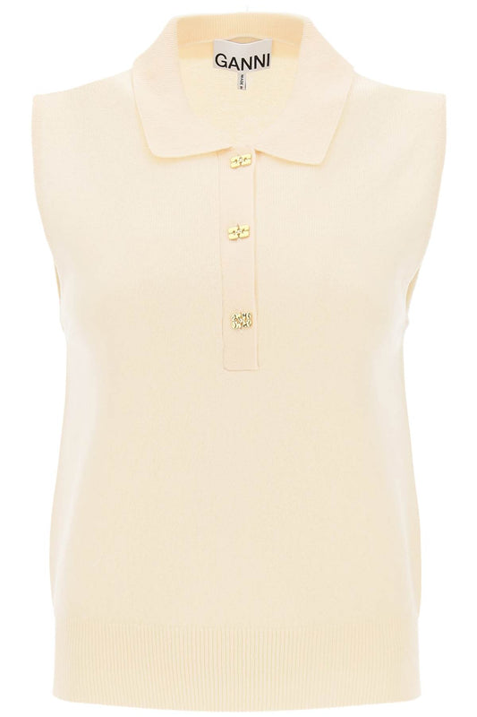 Ganni Sleeveless Polo Shirt In Wool And Cashmere