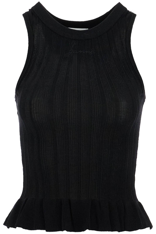 Ganni Ribbed Knit Tank Top With Spaghetti Straps