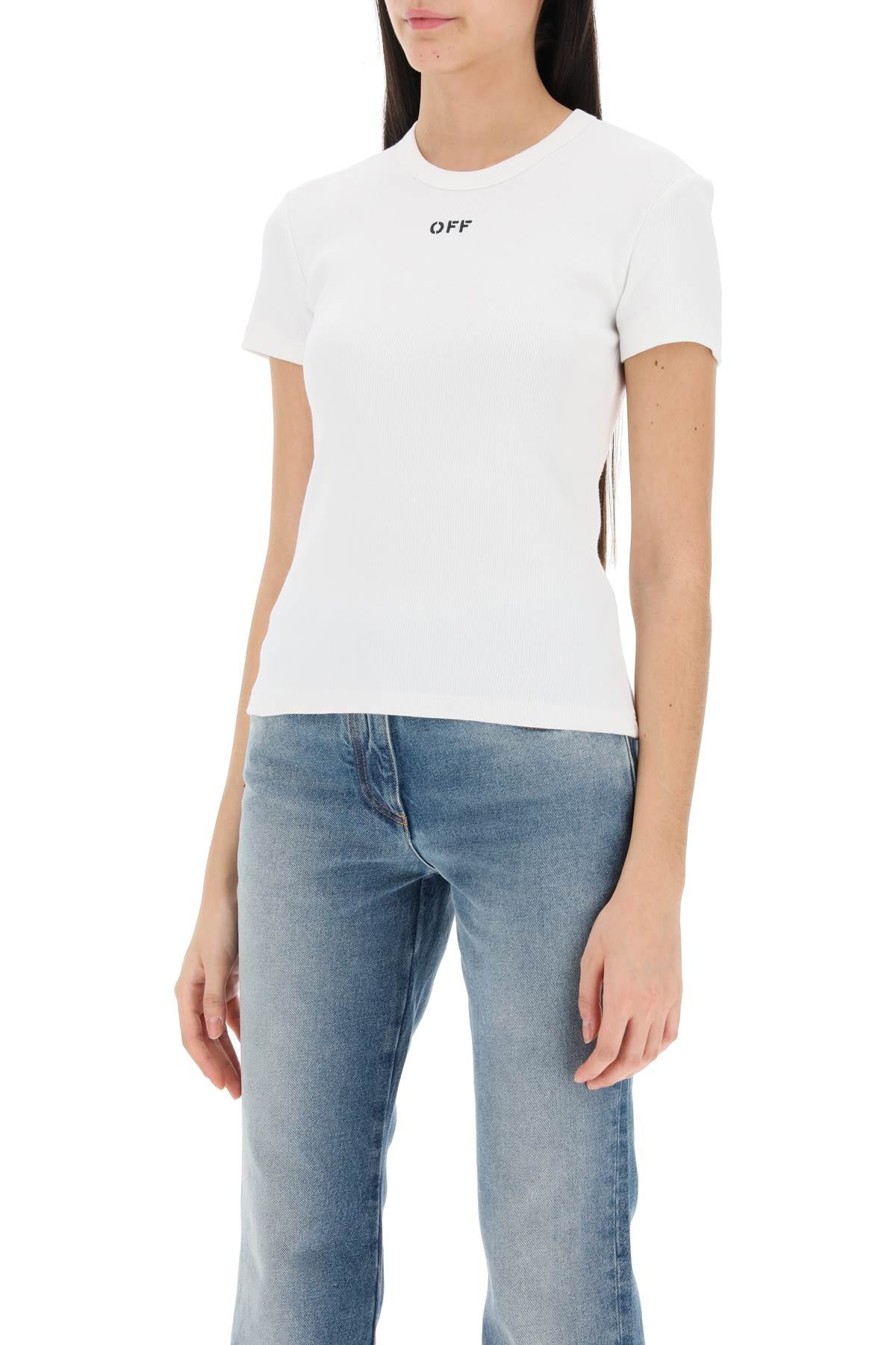 Off-White Ribbed T-Shirt With Off Embroidery