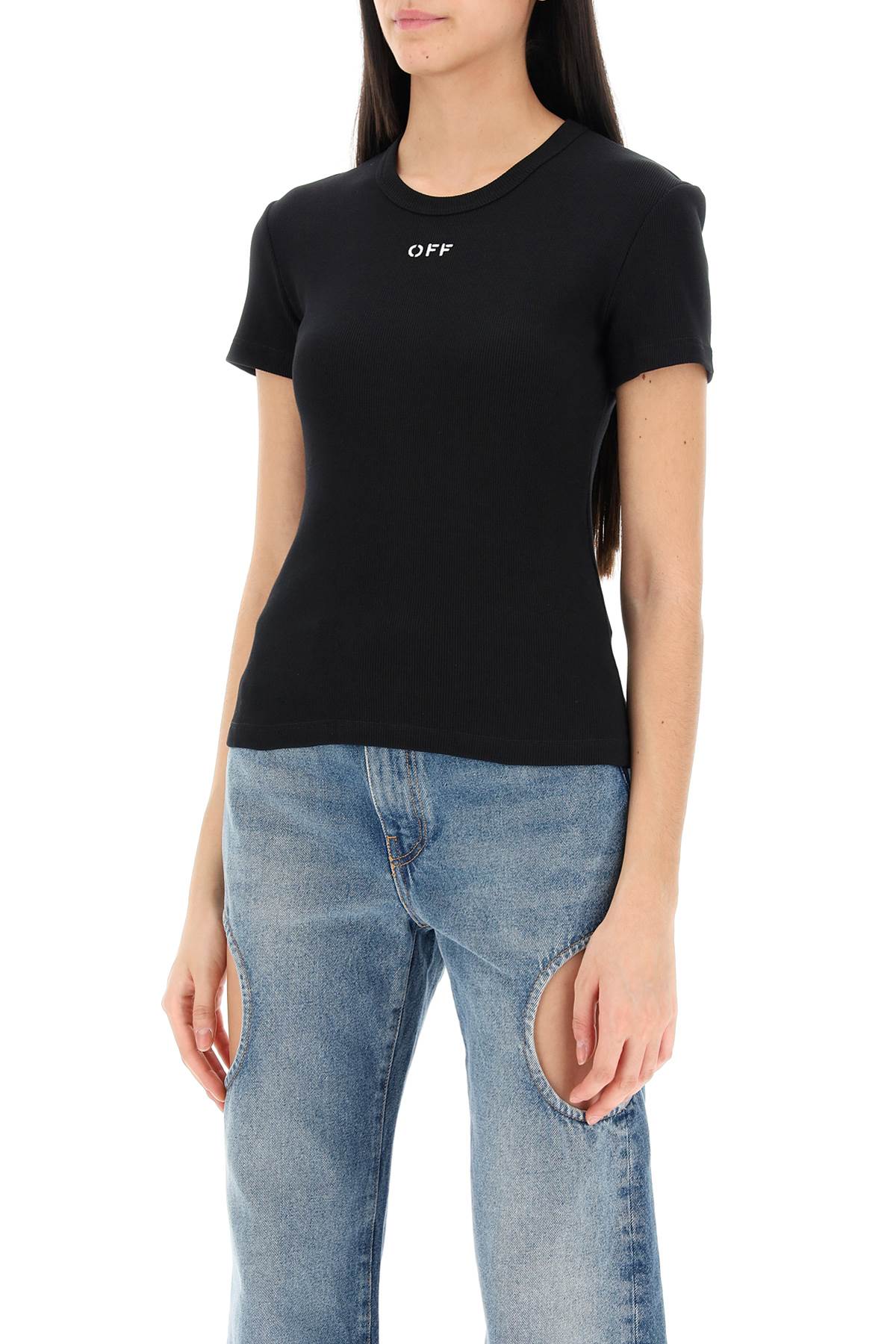 Off-White Ribbed T-Shirt With Off Embroidery