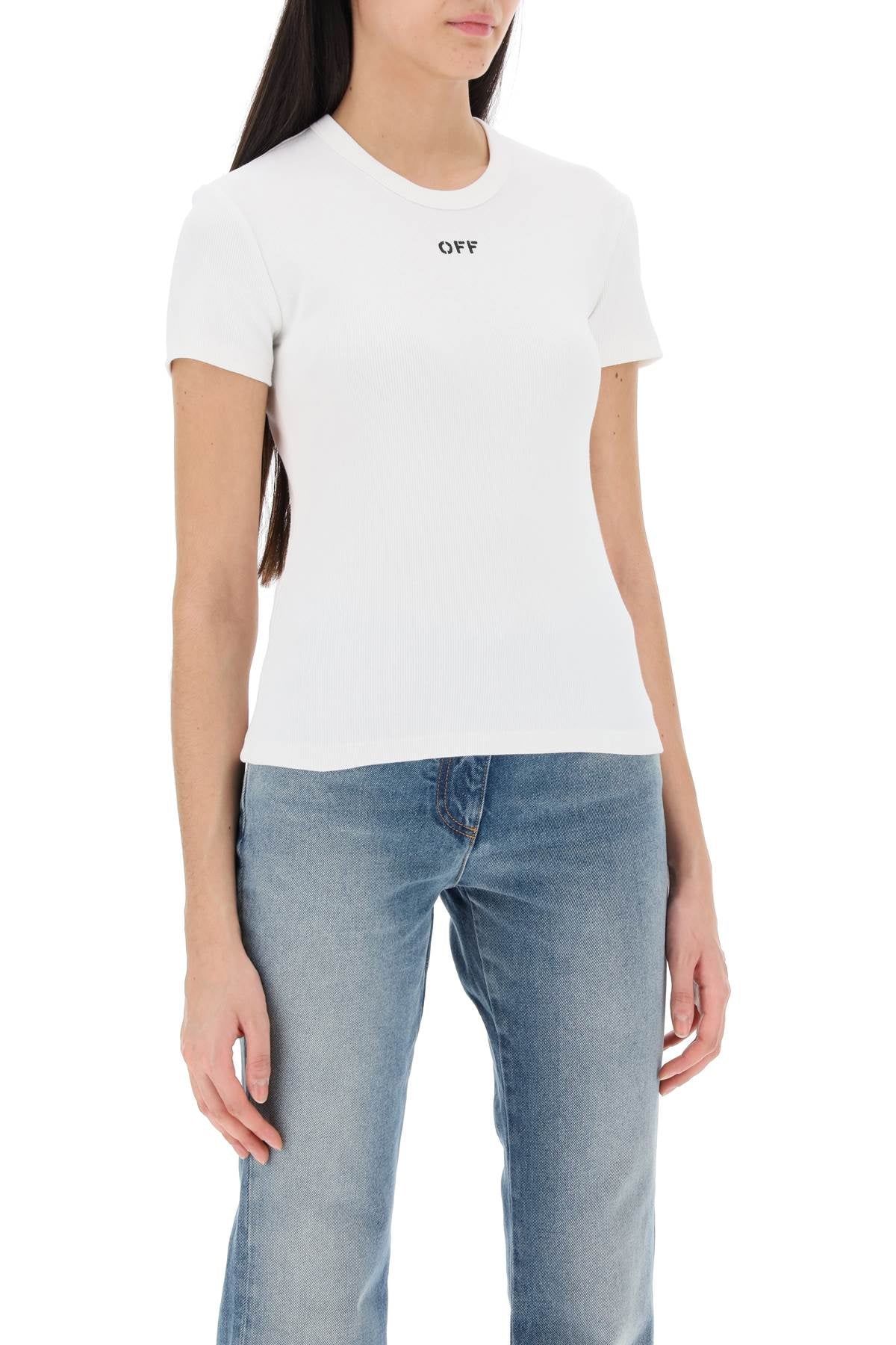 Off-White Ribbed T-Shirt With Off Embroidery