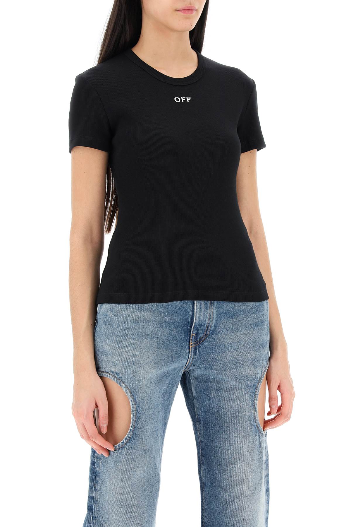 Off-White Ribbed T-Shirt With Off Embroidery