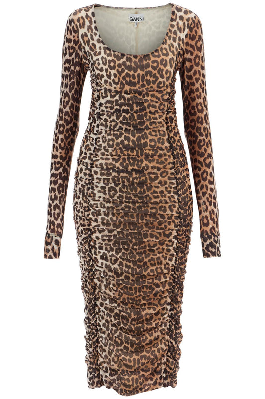 Ganni Animal Print Midi Dress In Mesh