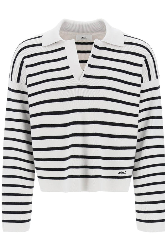 Ami Alexandre Matiussi Striped V-Neck Magic Pullover Sweater.