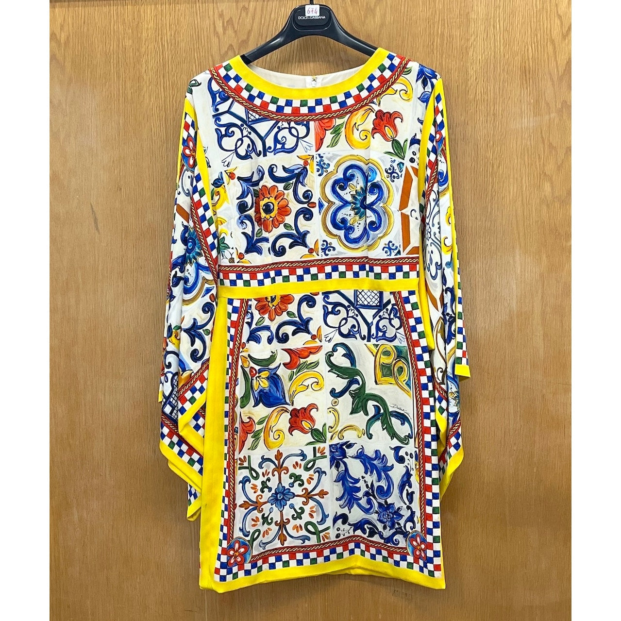 NWT Dolce & Gabbana White Yellow Majolica print Silk Charmeuse Dress IT 40 S