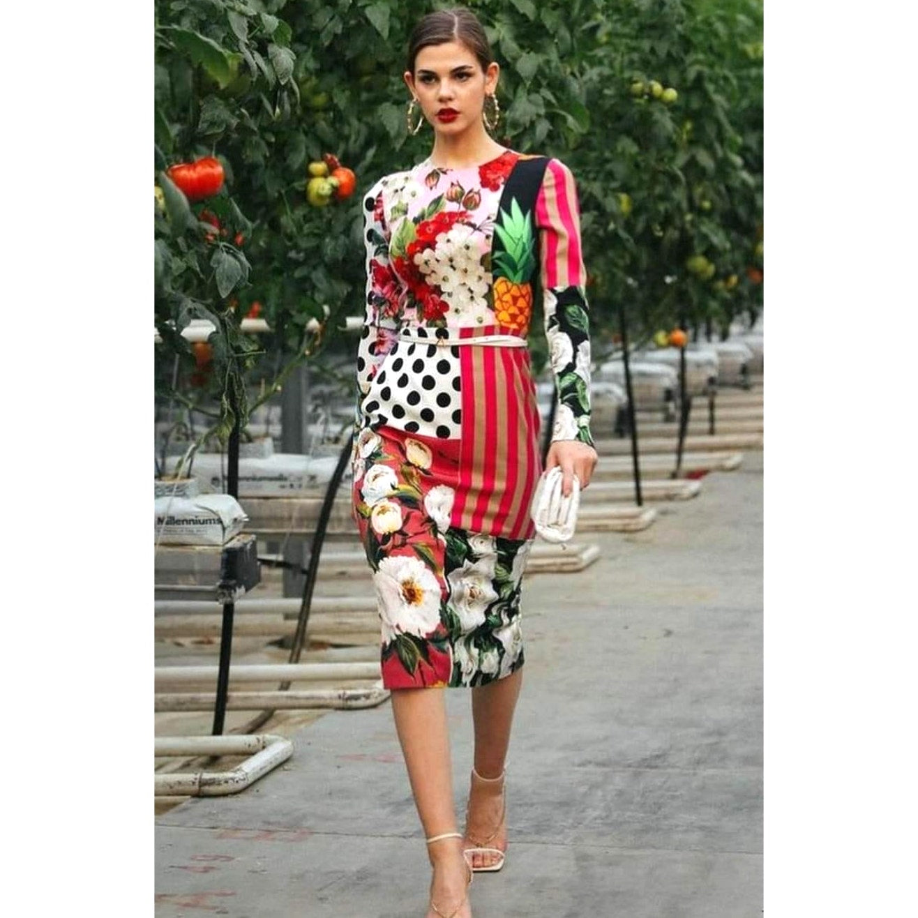 NWT Dolce & Gabbana Runway Multicolor Patchwork Long Sleeve Midi Dress IT 40 S