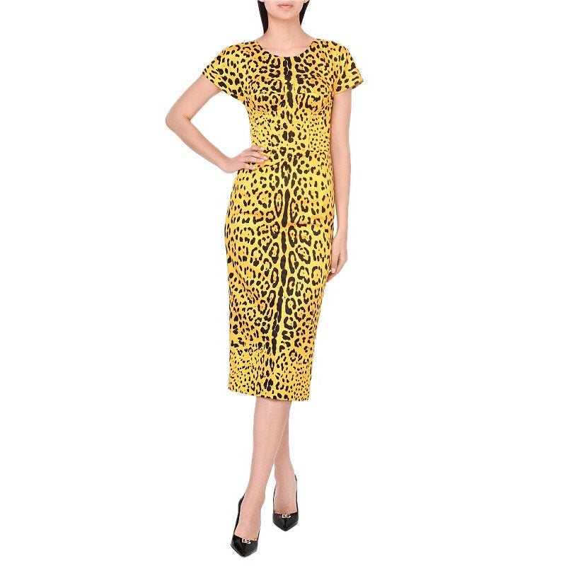 NWT Dolce & Gabbana Yellow Leopard-Print Midi Satin Dress 40 S