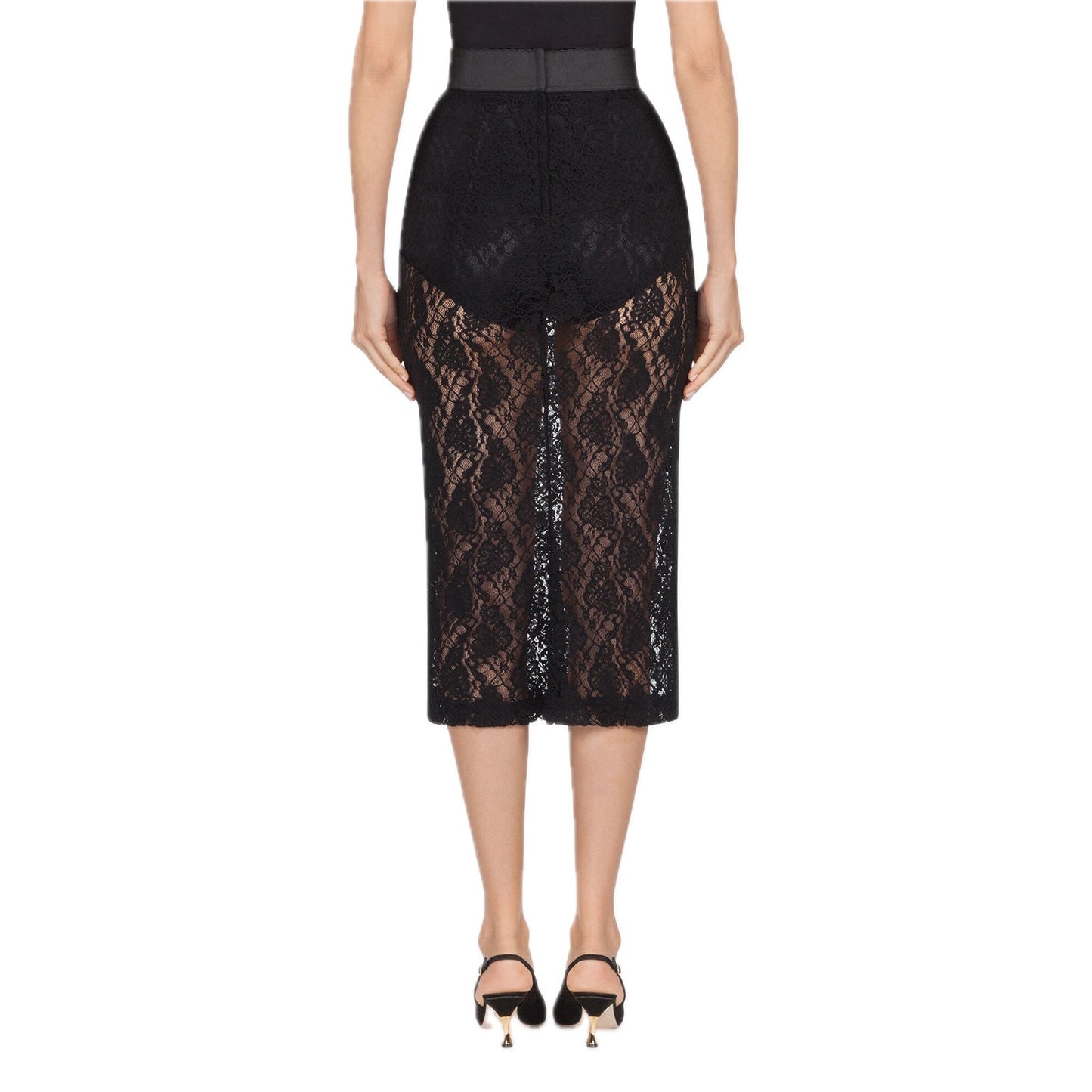 NWT Dolce & Gabbana Black Sheer Lace Midi Pencil Skirt IT 36 US XXS