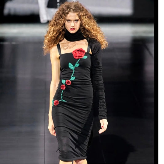 DOLCE & GABBANA Black Runway Rose Applique Fitted Long Dress Red S 40