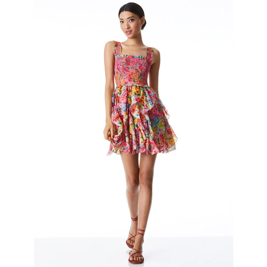 Alice + Olivia Jocelyn smocked Floral Mini Dress Multi