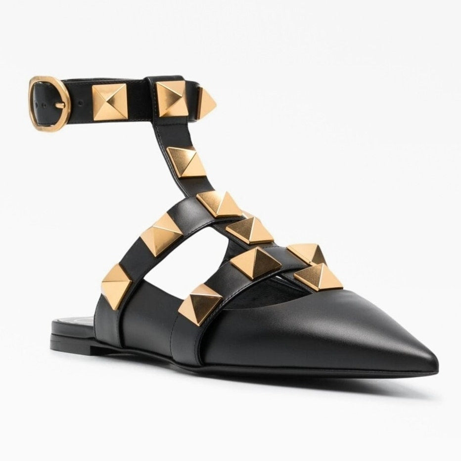 Valentino Garavani Black Roman Stud Ballerina Flat Ankle Strap 36