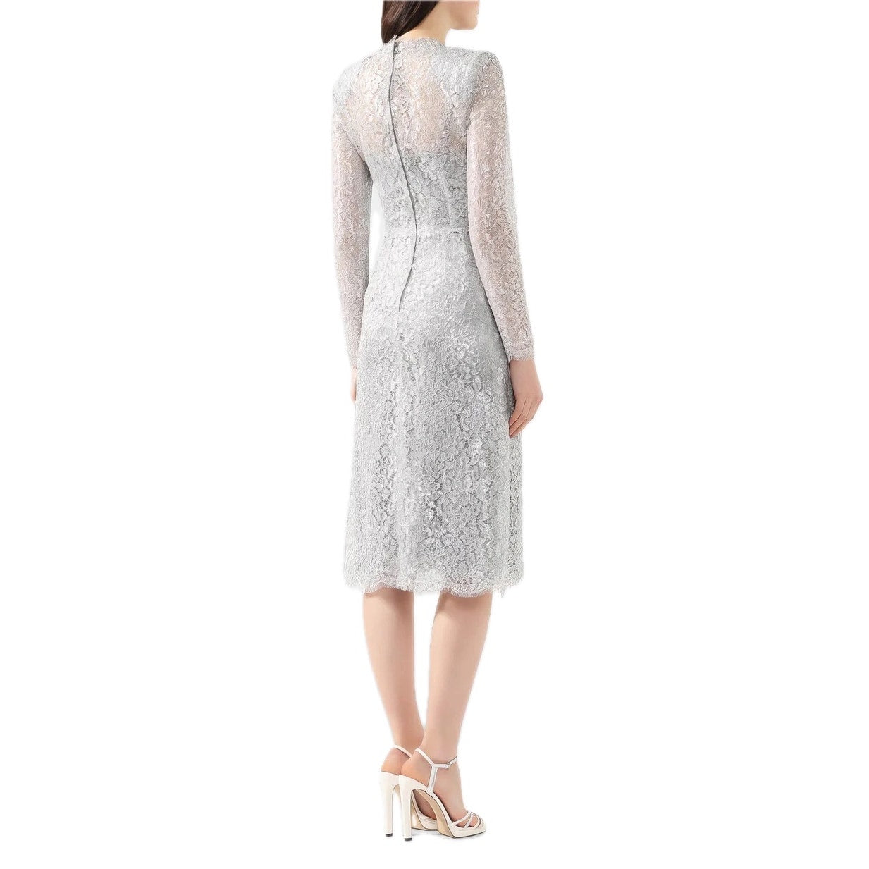 NWT DOLCE & GABBANA Cordonetto Lace Midi Dress Long Sleeves Silver 40 S