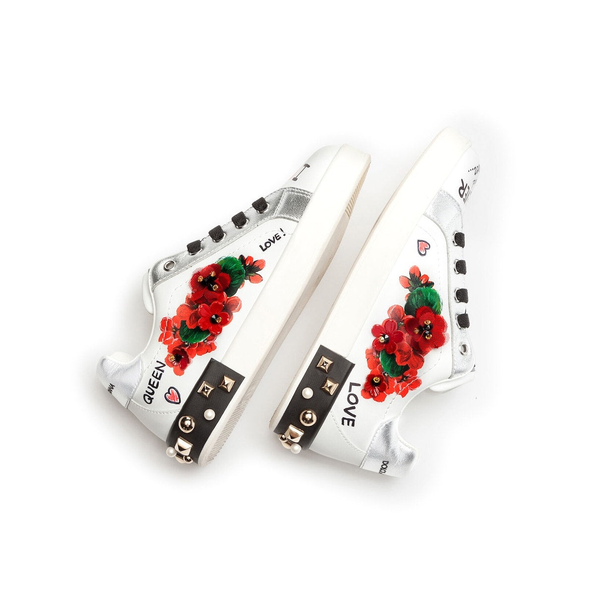 Dolce & Gabbana Portofino Leather Sneakers Geranium studs