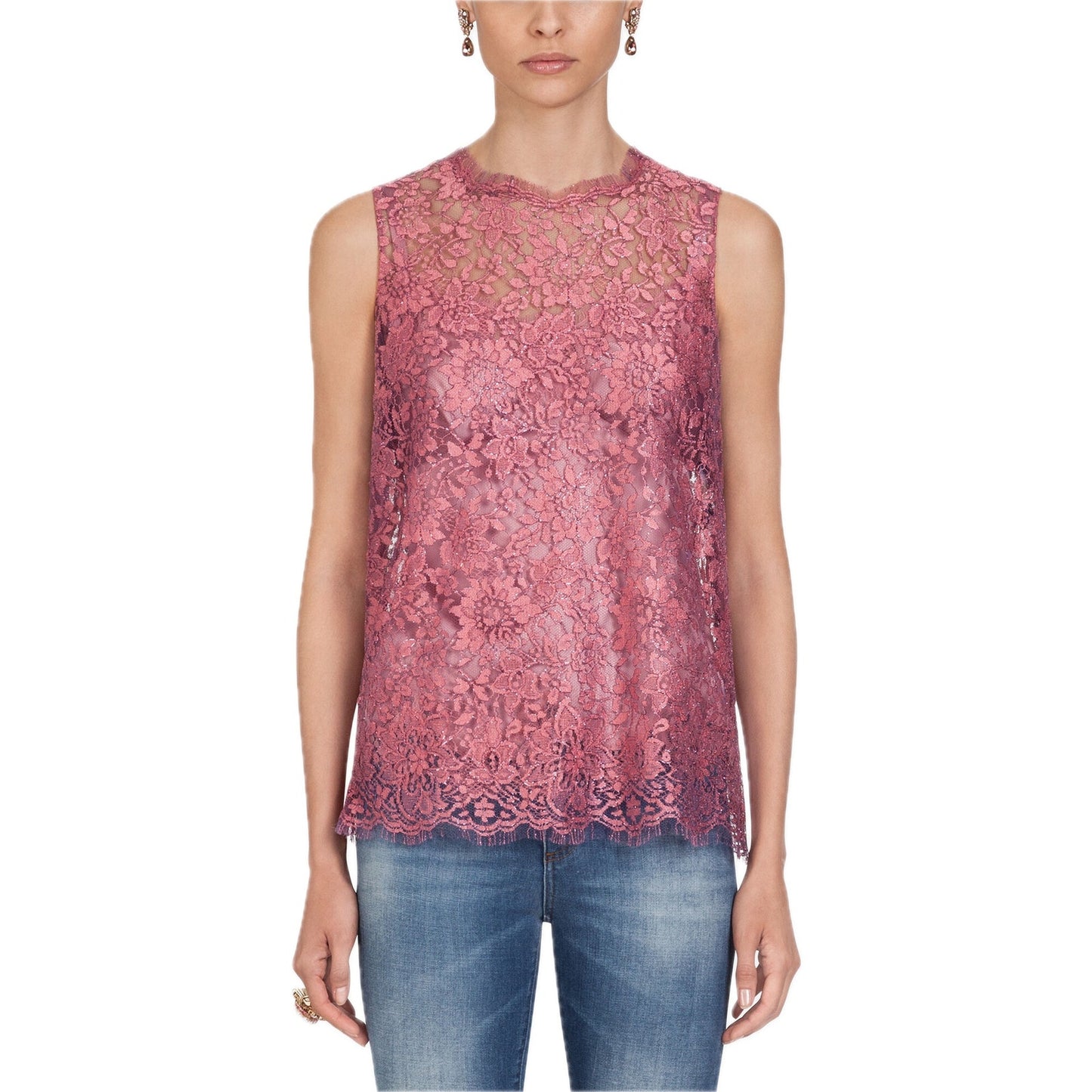 NWT Dolce & Gabbana Pink Chantilly Lame Lace Sleeveless Tank Top Blouse IT 40 S
