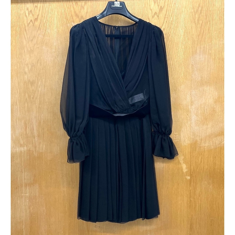 DOLCE & GABBANA Black Gathered silk-blend chiffon Mini Dress 40 S