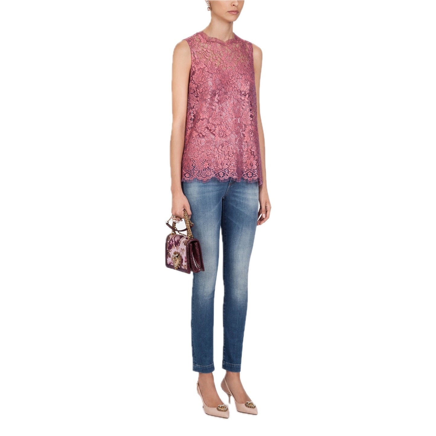 NWT Dolce & Gabbana Pink Chantilly Lame Lace Sleeveless Tank Top Blouse IT 40 S