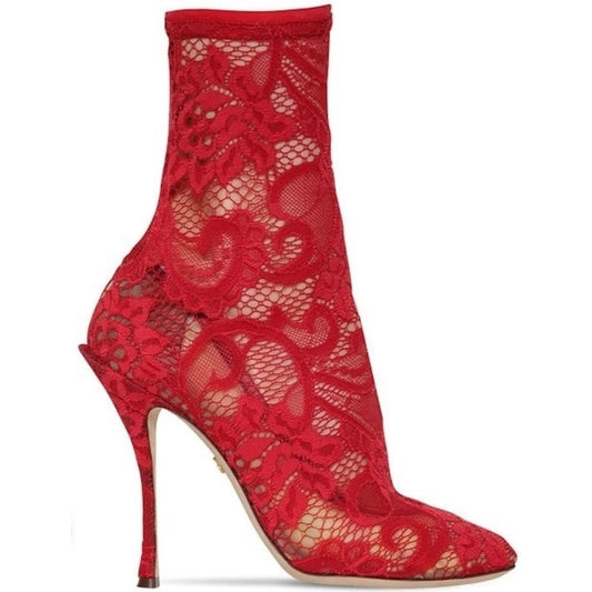 Dolce & Gabbana Stretch Lace Sock Ankle Boots Booties Red