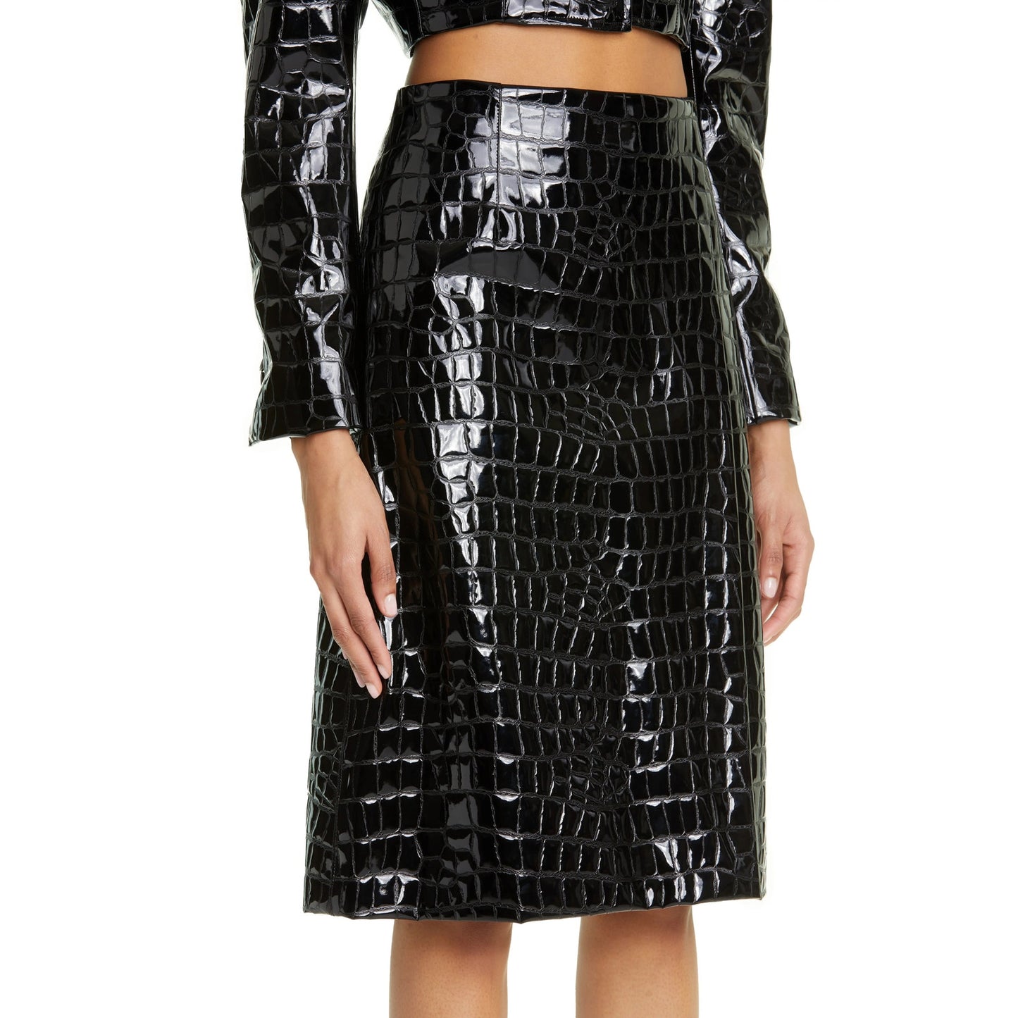 NWT Dolce & Gabbana Black Croc Faux-Leather Midi Skirt IT 36 US XXS