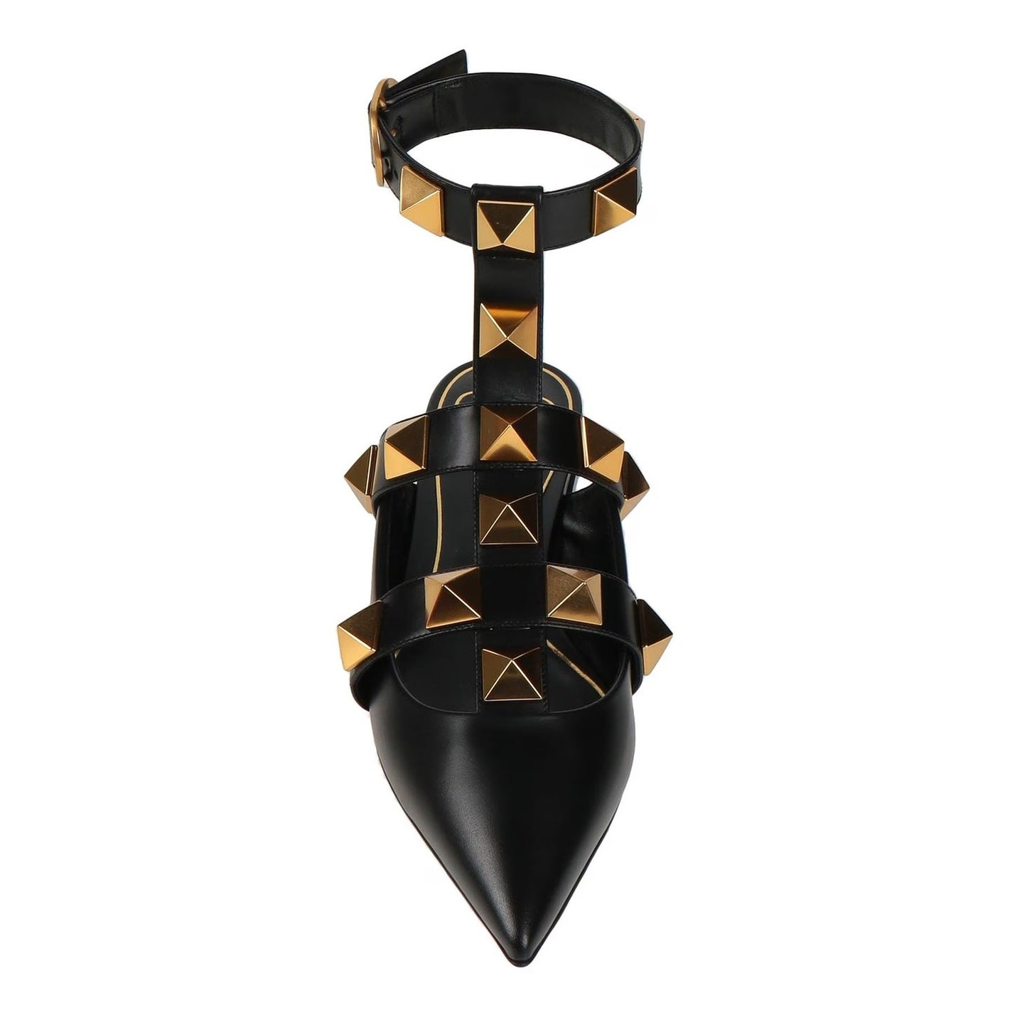 Valentino Garavani Black Roman Stud Flat Leather Ankle Strap Gold 35
