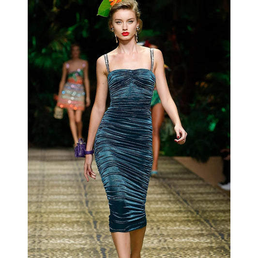 NWT Dolce & Gabbana Green Longuette Lame Satin Ruched Bodycon Midi Dress 44 L