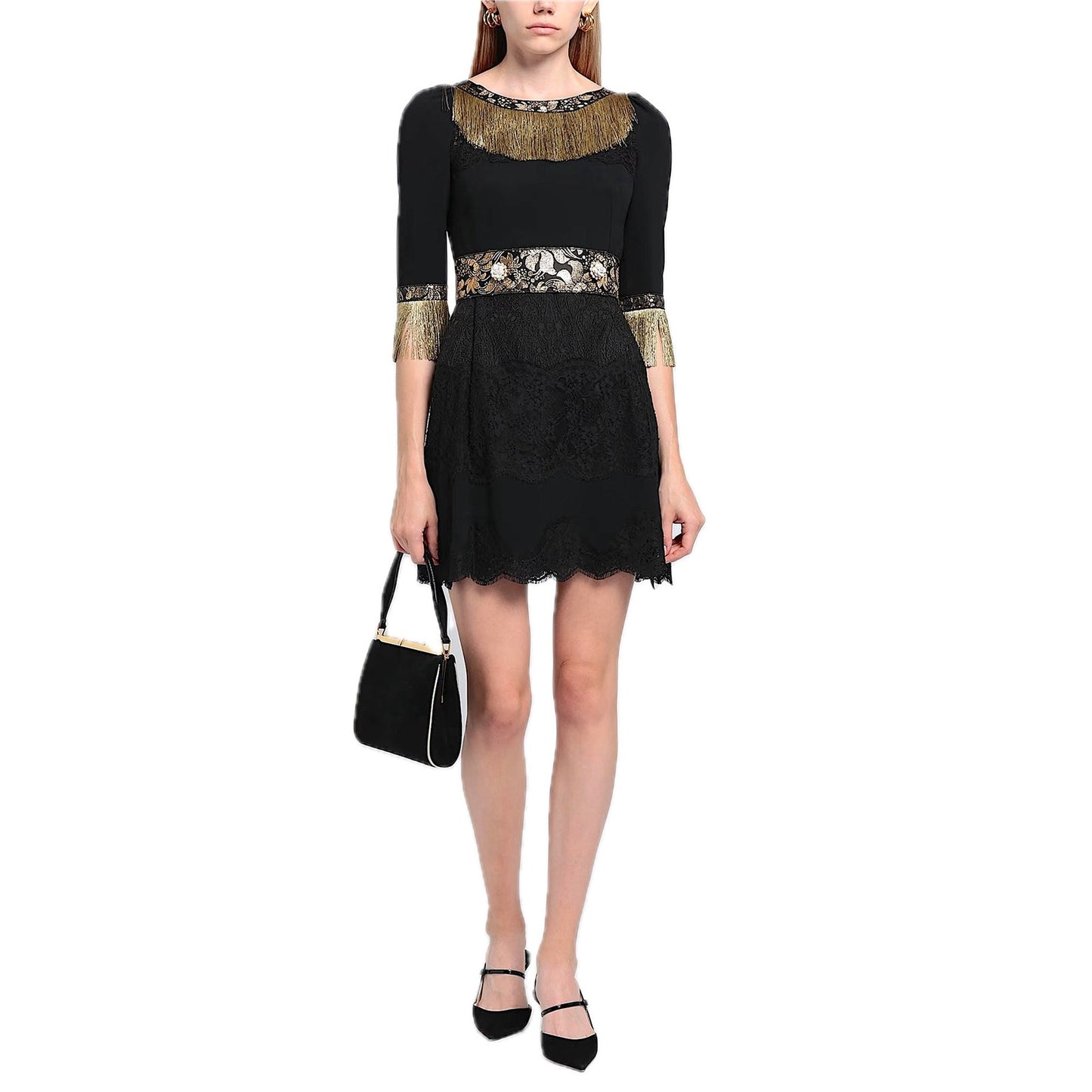 NWT Dolce & Gabbana Black Gold Fringe Mini Lace dress IT 40 S