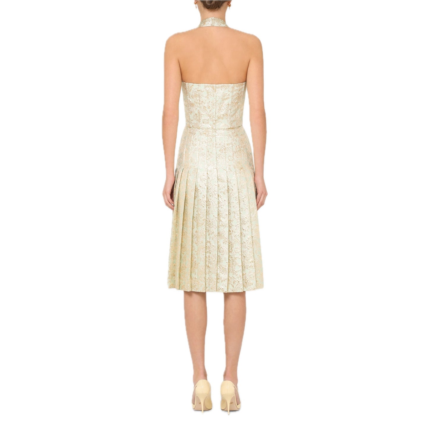 NWT DOLCE & GABBANA Gold Bustier Midi Pleated Dress Lame Jacquard  40 S