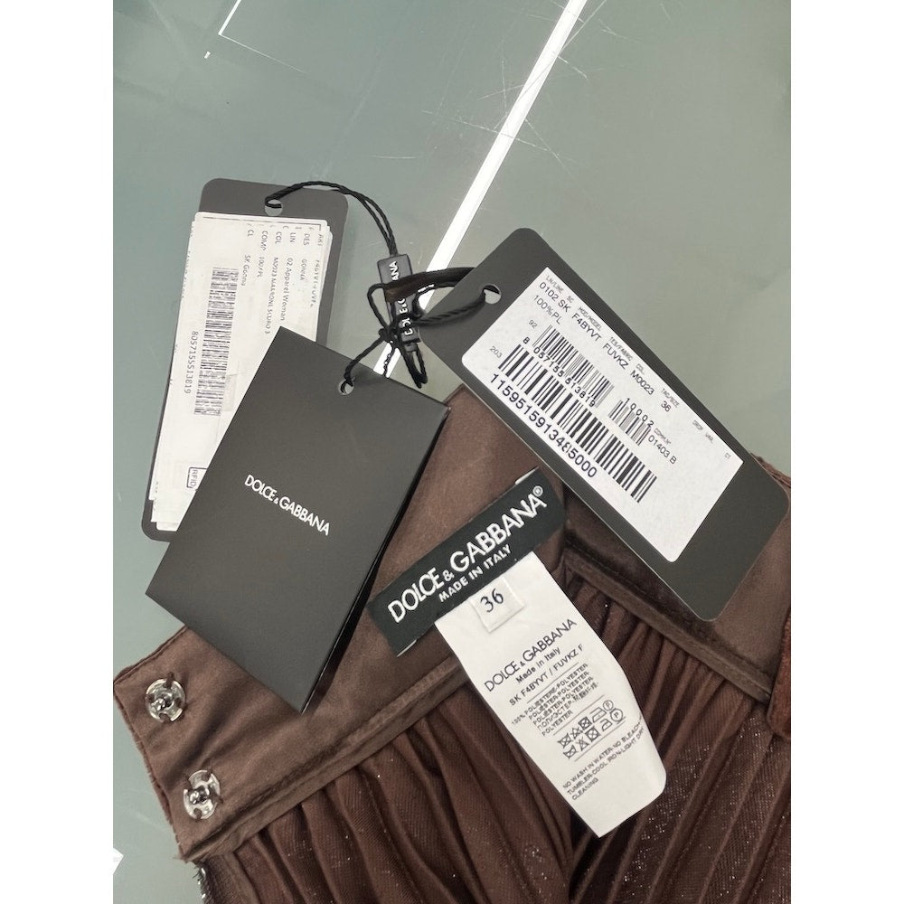 NWT Dolce & Gabbana Dark Brown Metallic Velvet Pleated Long Skirt IT 36 US XXS