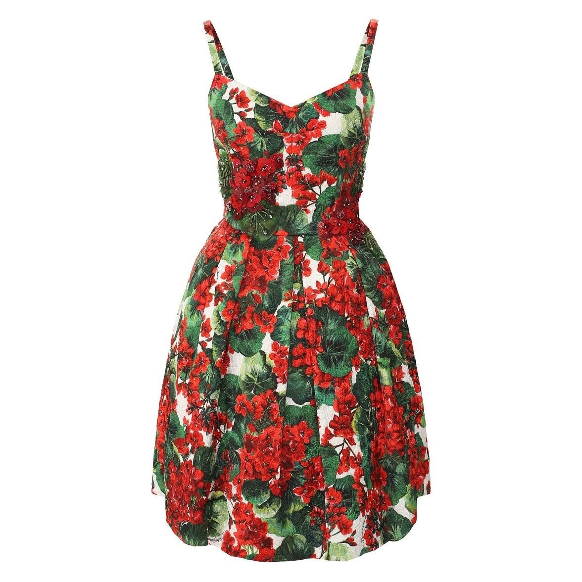 NWT Dolce & Gabbana Red Floral Geranium Pleated Mini Dress IT 42 M