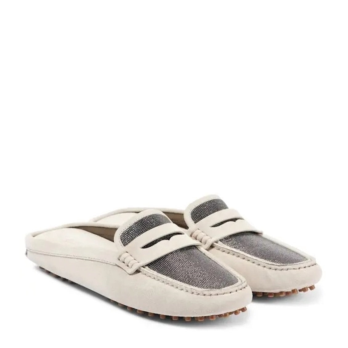 Brunello Cucinelli Monili Suede Driving Mules Beige