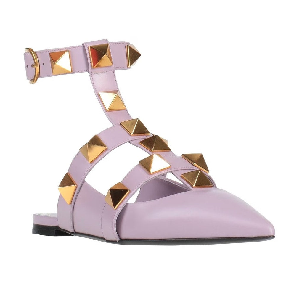 Valentino Garavani Lilac Roman Stud Flat Leather Ankle Strap Gold 35.5