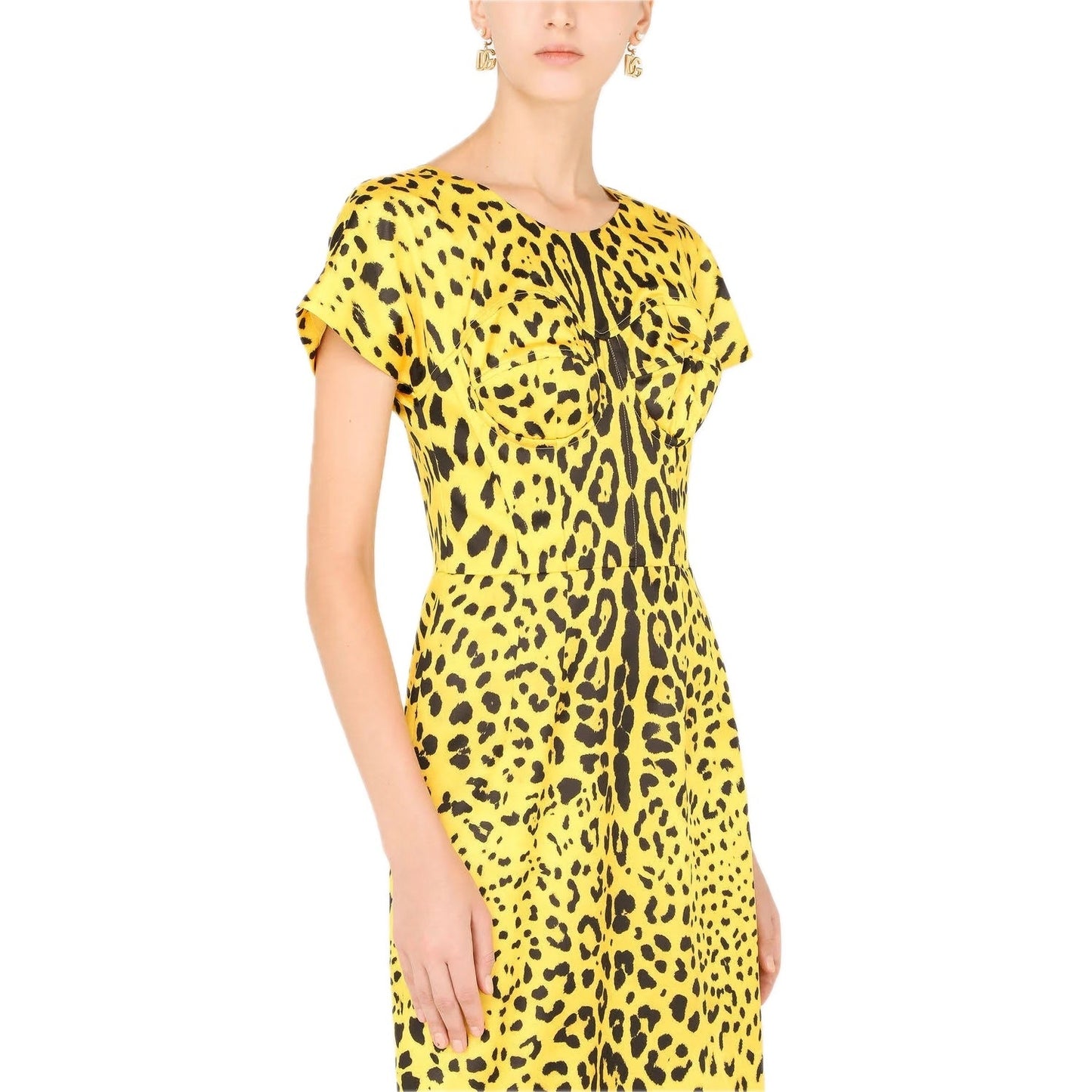 NWT Dolce & Gabbana Yellow Leopard-Print Midi Satin Dress 40 S