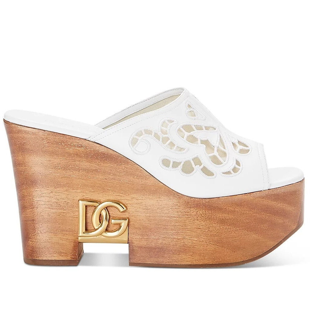 Dolce & Gabbana Leather Wood Clog Mules Wedge Slides White 35.5